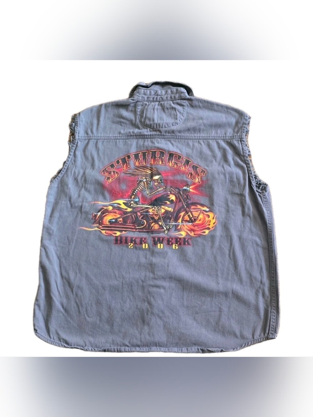 Biker Sturgis Bike Week 2006 Cut-Off Gray Button Down Shirt Sz M